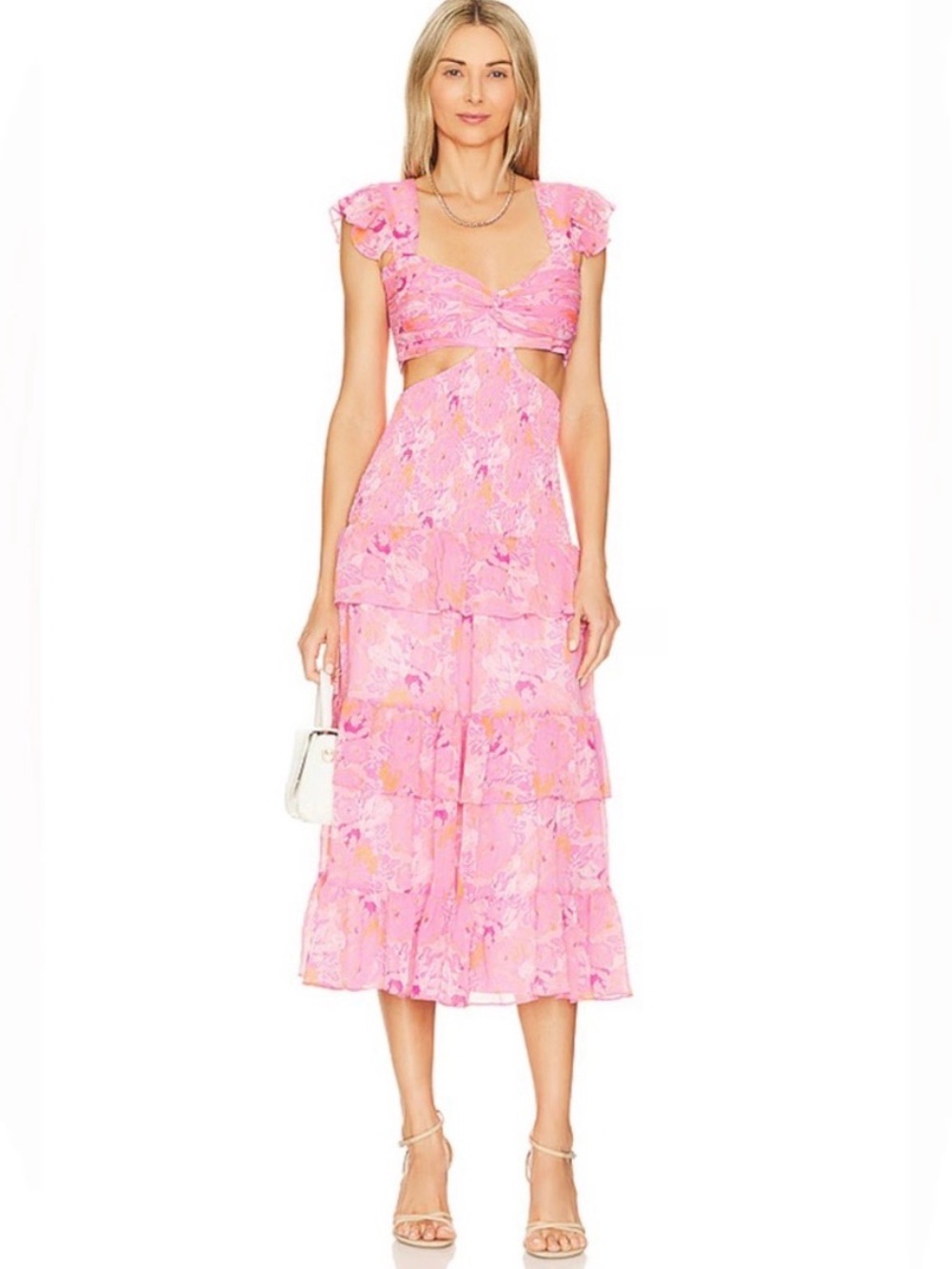 Likely Cutout V Neck Chiffon Floral Midi Dress in Pink Size 6